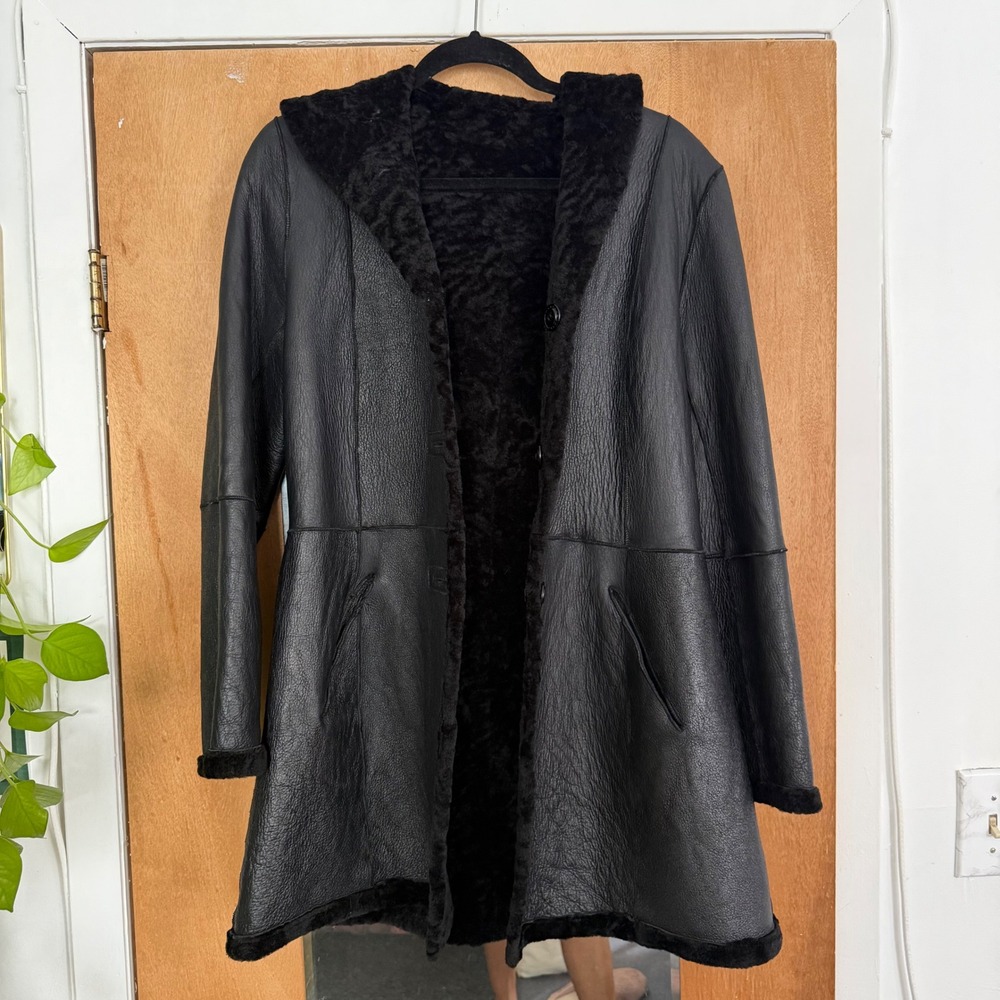 Vintage Elegancia Black Real Shearling Reversible Hooded Coat Leather Fur